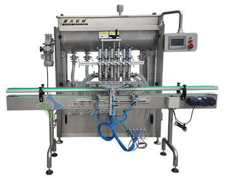 六頭紅油灌裝機,臥式攪拌大顆粒醬料灌裝機